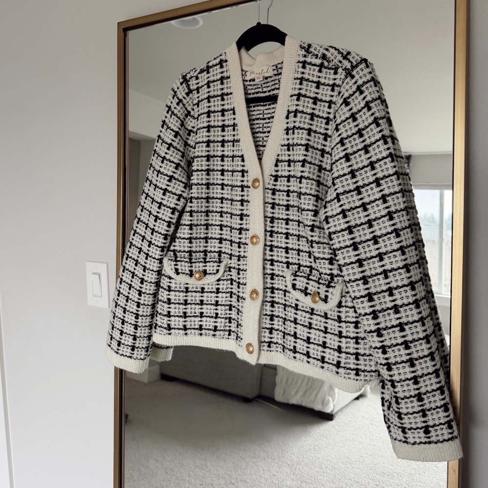 Marled Black & White Tweed-Style Button Jacket